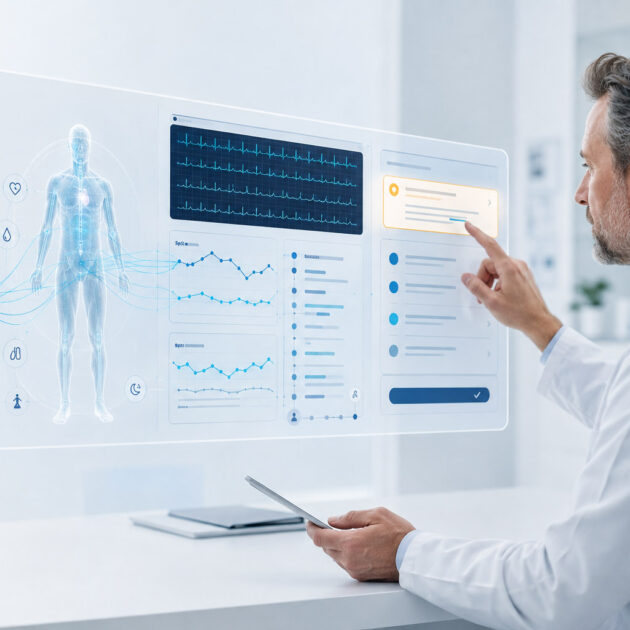 Clinician reviewing MediQAI wearable data, a Physiological Digital Twin and prioritised longitudinal health information.