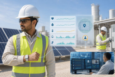 Worker wearing a MediQAI device connected to physiological, heat, location and occupational-health monitoring.