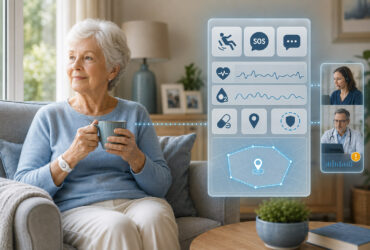 Older woman wearing a MediQAI device connected to health, SOS, fall-awareness, location and care-team support.