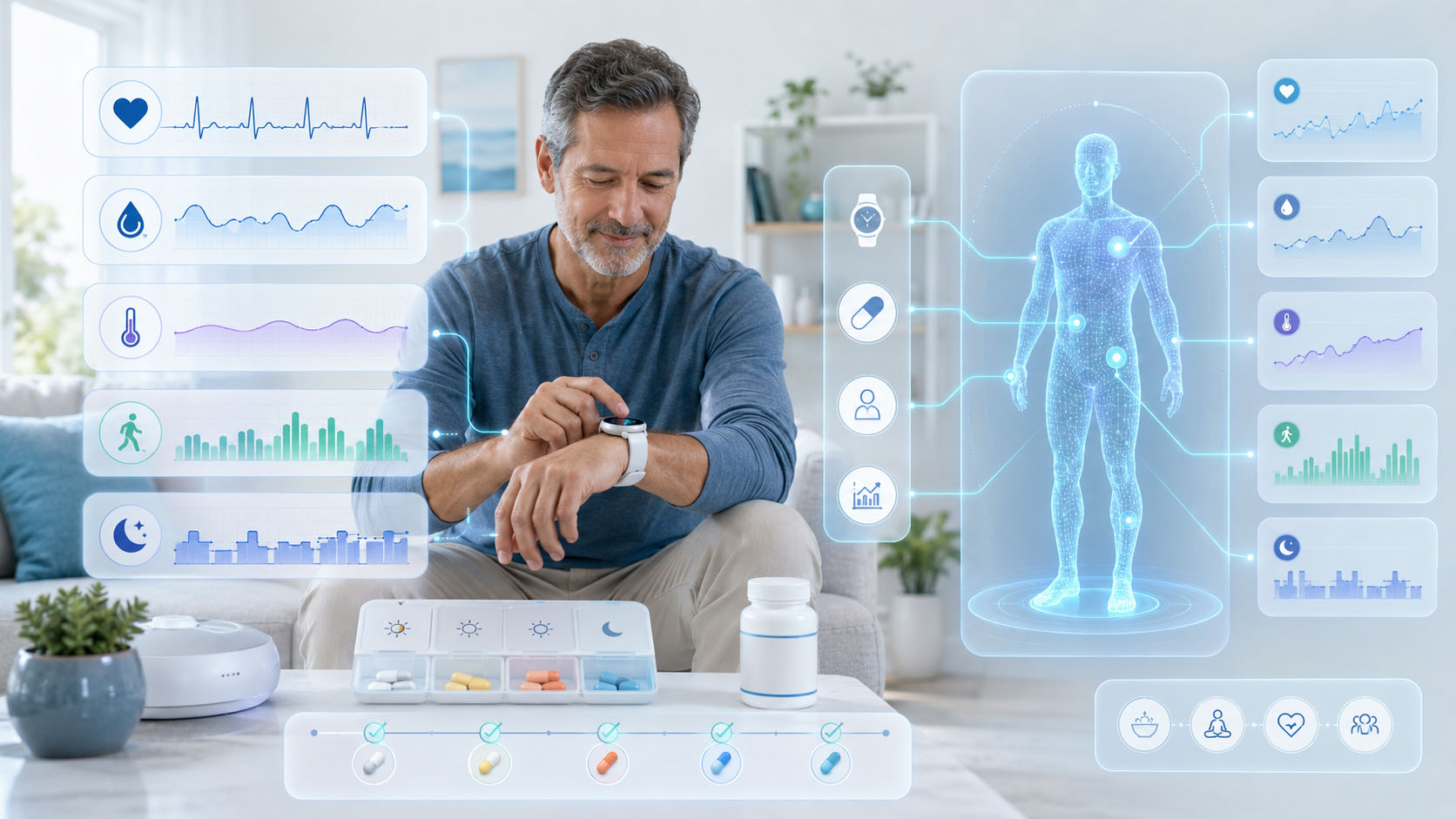 Individual at home wearing a MediQAI device with connected physiological trends, medication information and a patient-specific Digital Twin profile.