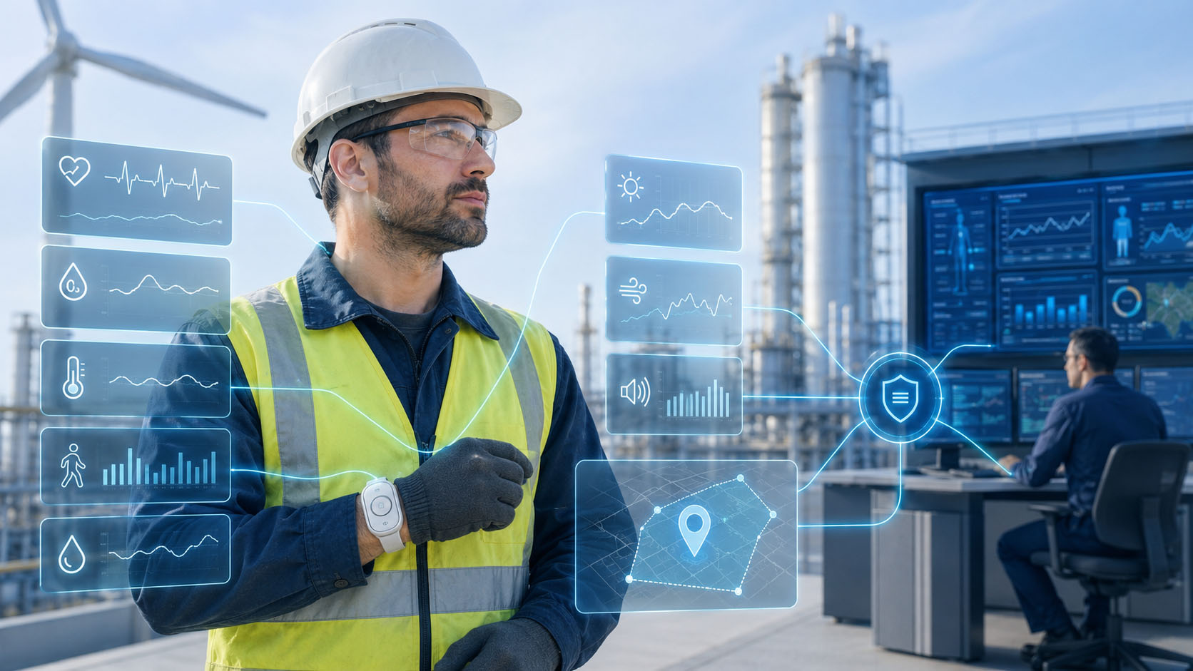 Worker wearing protective equipment and a MediQAI connected wearable with physiological, environmental, location and geofencing information.