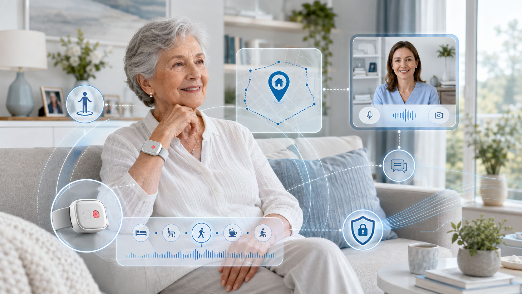 Older adult at home wearing a MediQAI device with subtle fall-awareness, location, SOS and two-way communication indicators.