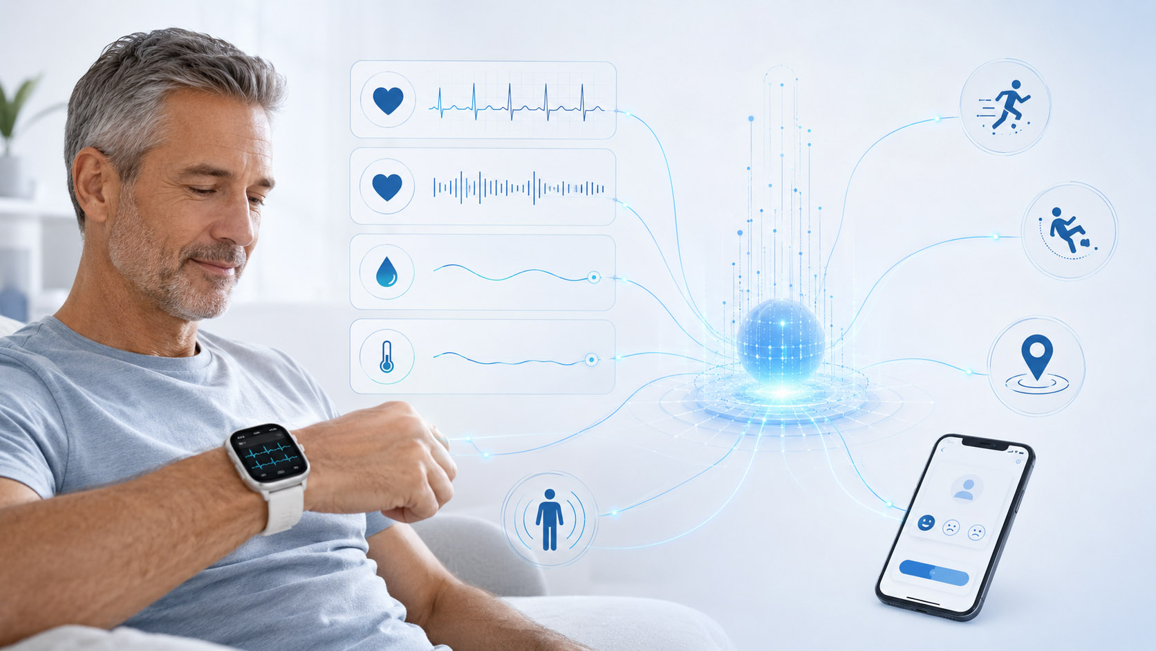 Patient wearing a MediQAI wearable as physiological signals, movement, safety, location and patient-reported information are captured securely over time.