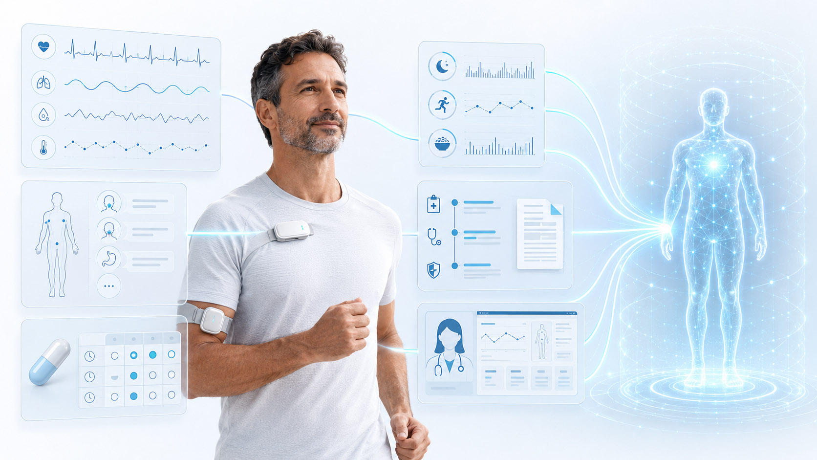 Physiological signals, symptoms, medication, behaviour, medical history and clinical records connecting to a patient-specific digital model.