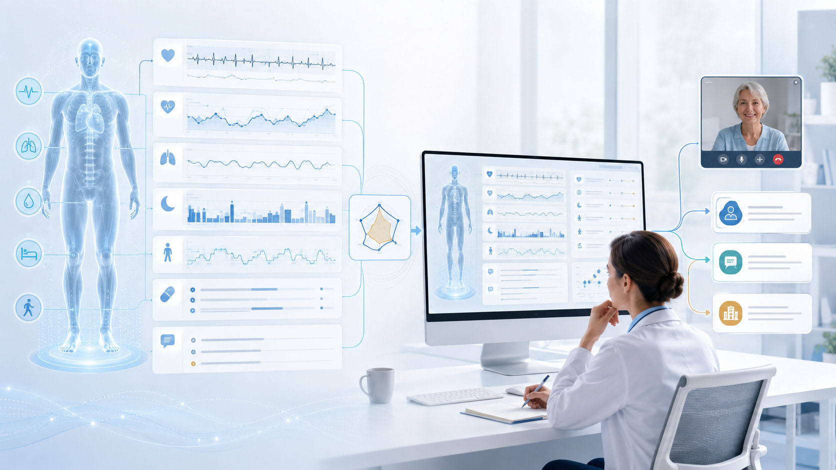Clinician reviewing organised patient-specific evidence, longitudinal health trends and communication pathways supported by a Physiological Digital Twin.