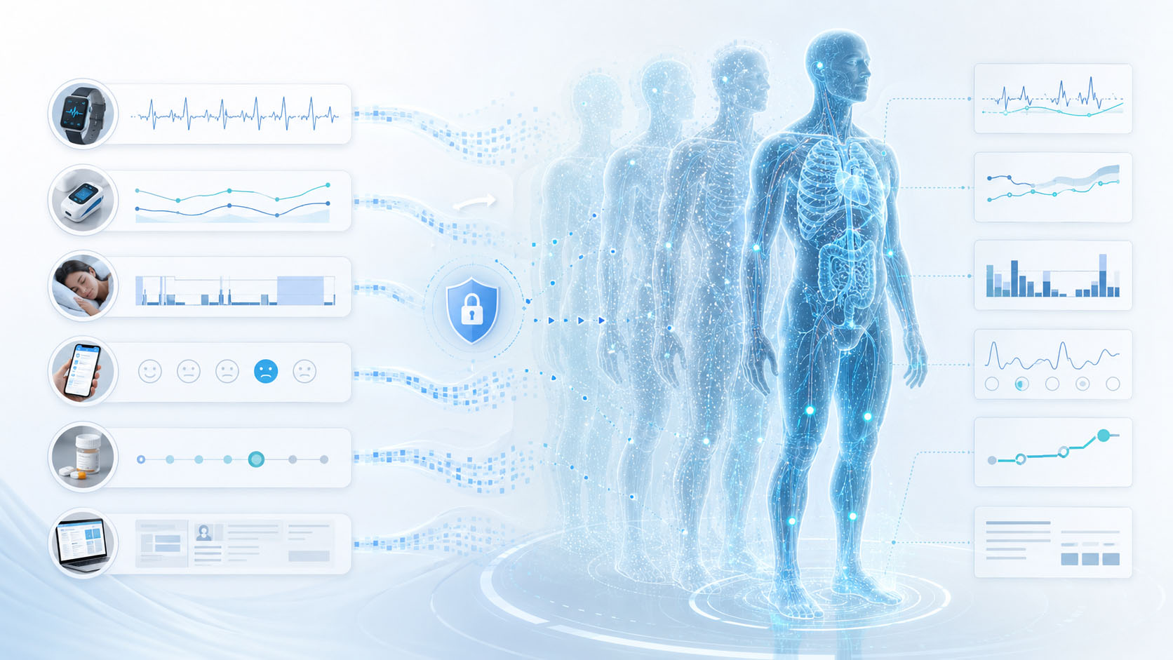 New wearable measurements, symptoms, medication, behaviour and clinical observations progressively updating a patient-specific Physiological Digital Twin.
