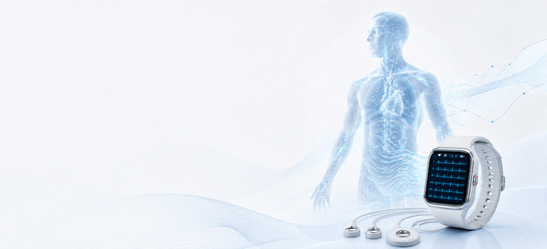 MediQAI wearable displaying six-lead ECG and vital-sign indicators alongside a patient-specific Physiological Digital Twin.