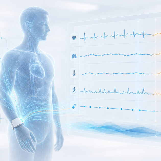MediQAI predictive intelligence evaluating multimodal health signals against an individual’s evolving baseline.