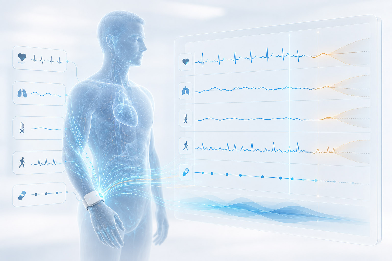MediQAI predictive intelligence evaluating multimodal health signals against an individual’s evolving baseline.