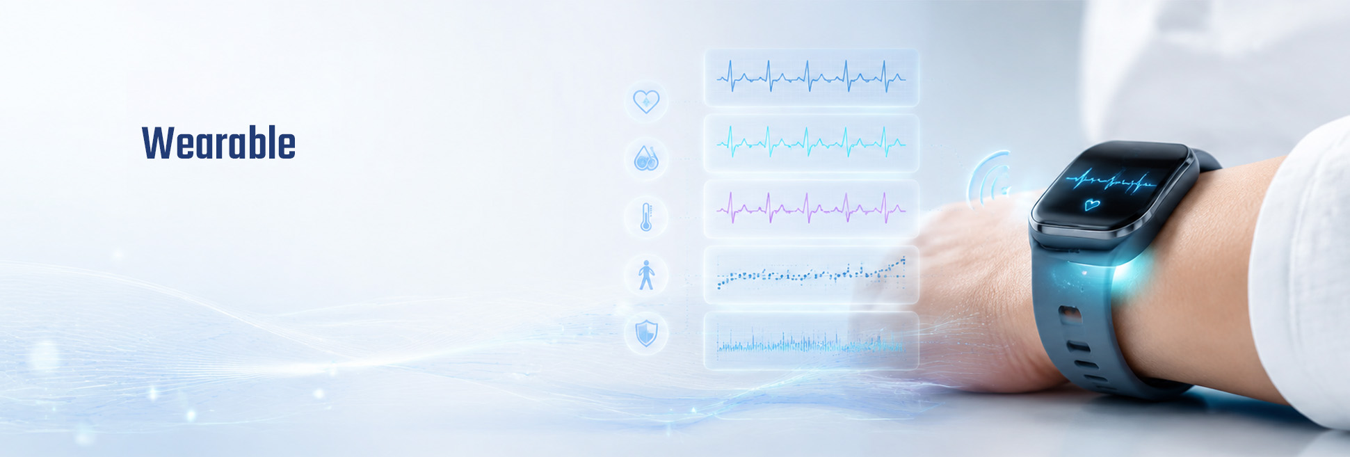 Person wearing a connected health-monitoring device displaying physiological data and ECG traces