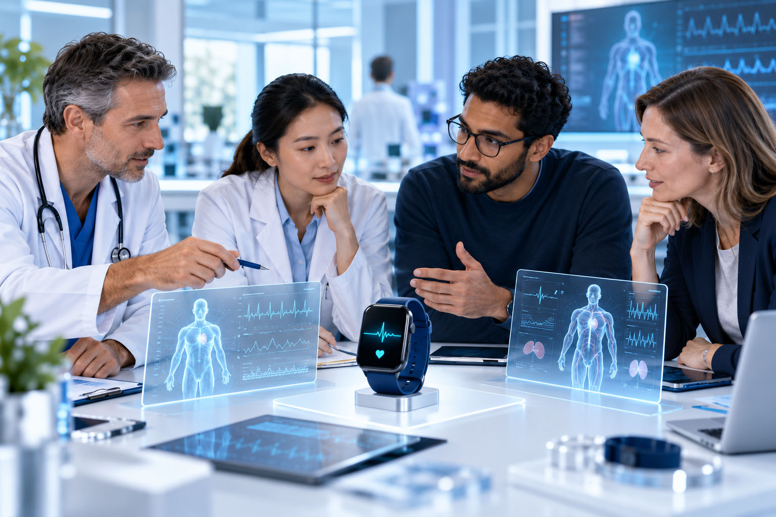 Clinical, research, engineering and healthcare specialists collaborating around the MediQAI wearable
