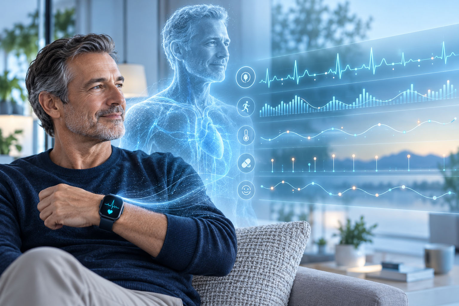 Individual wearing the MediQAI device alongside a patient-specific Digital Twin and longitudinal health patterns