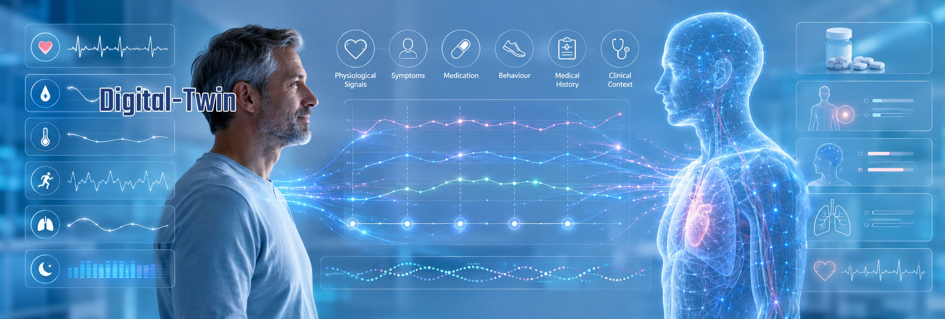 Individual connected to a patient-specific physiological digital twin with longitudinal health signals and evolving trends